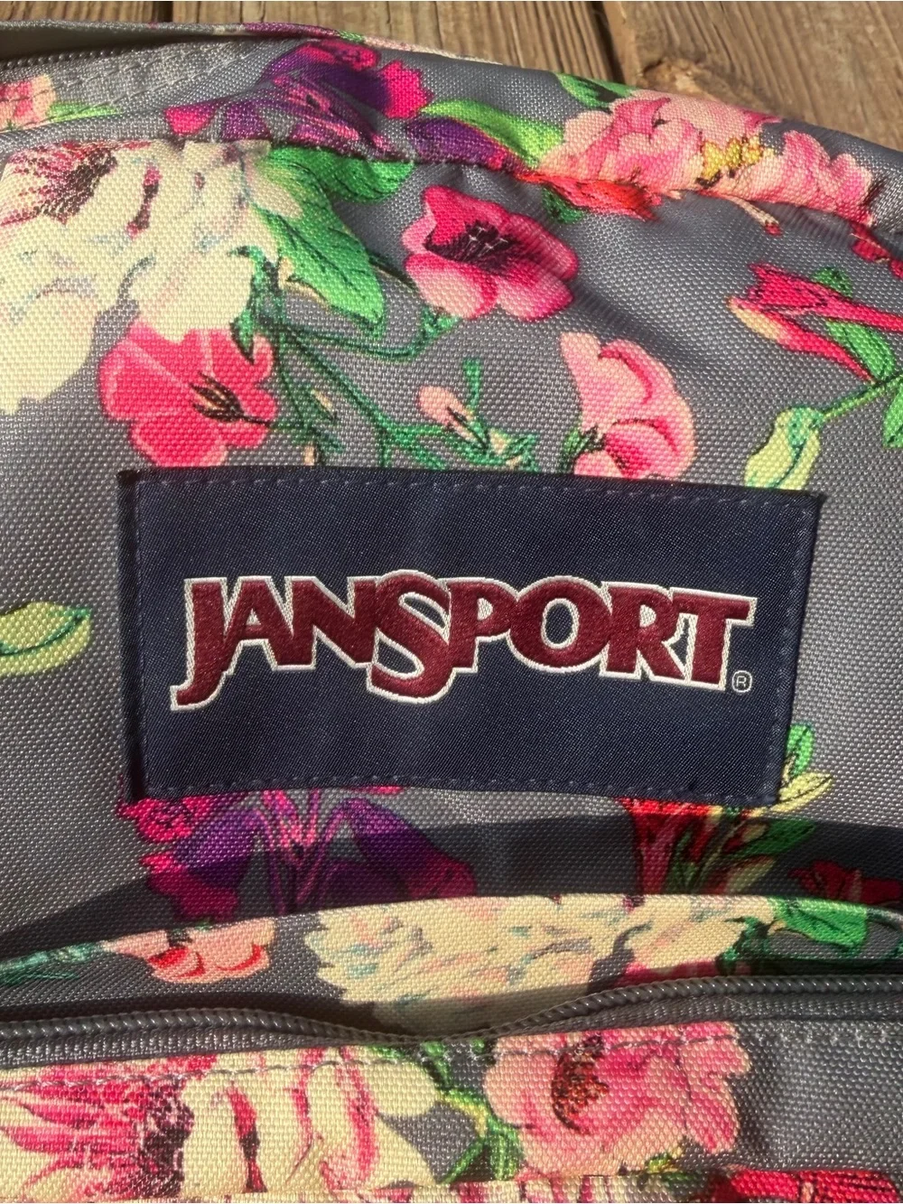 JanSport City View Floral Backpack Gray Pink Roses Faux Leather Bottom Bag